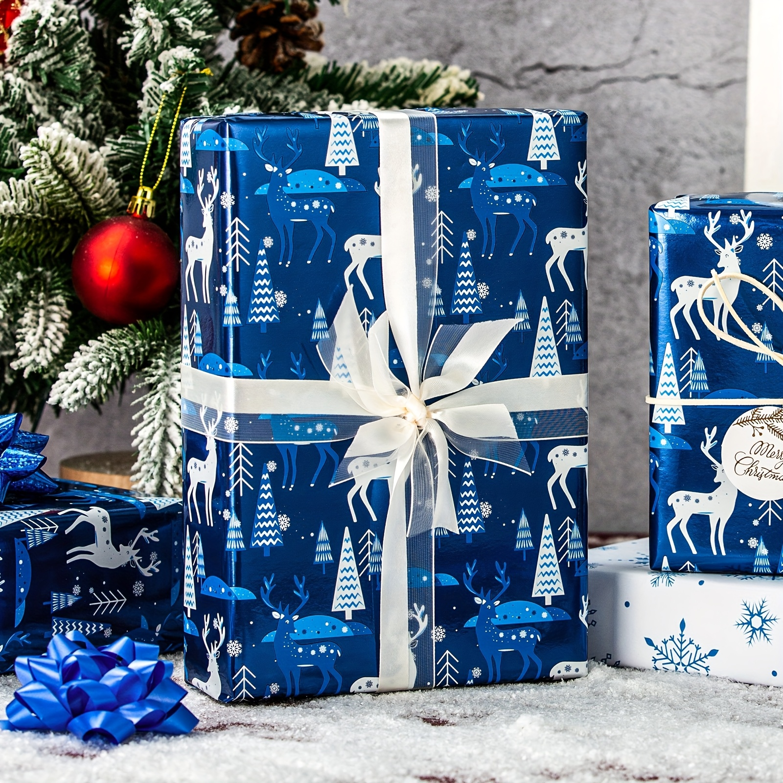 Blue Christmas wrapping paper rolls