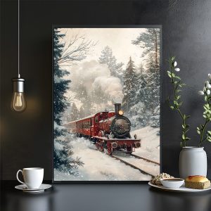 Snow scene red train canvas decorative painting