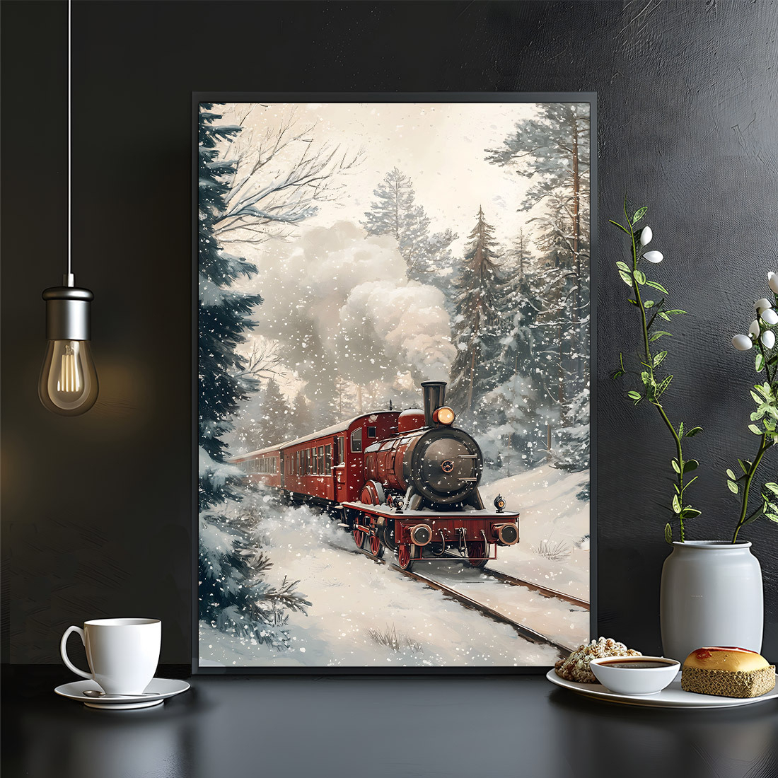 Snow scene red train canvas decorative painting